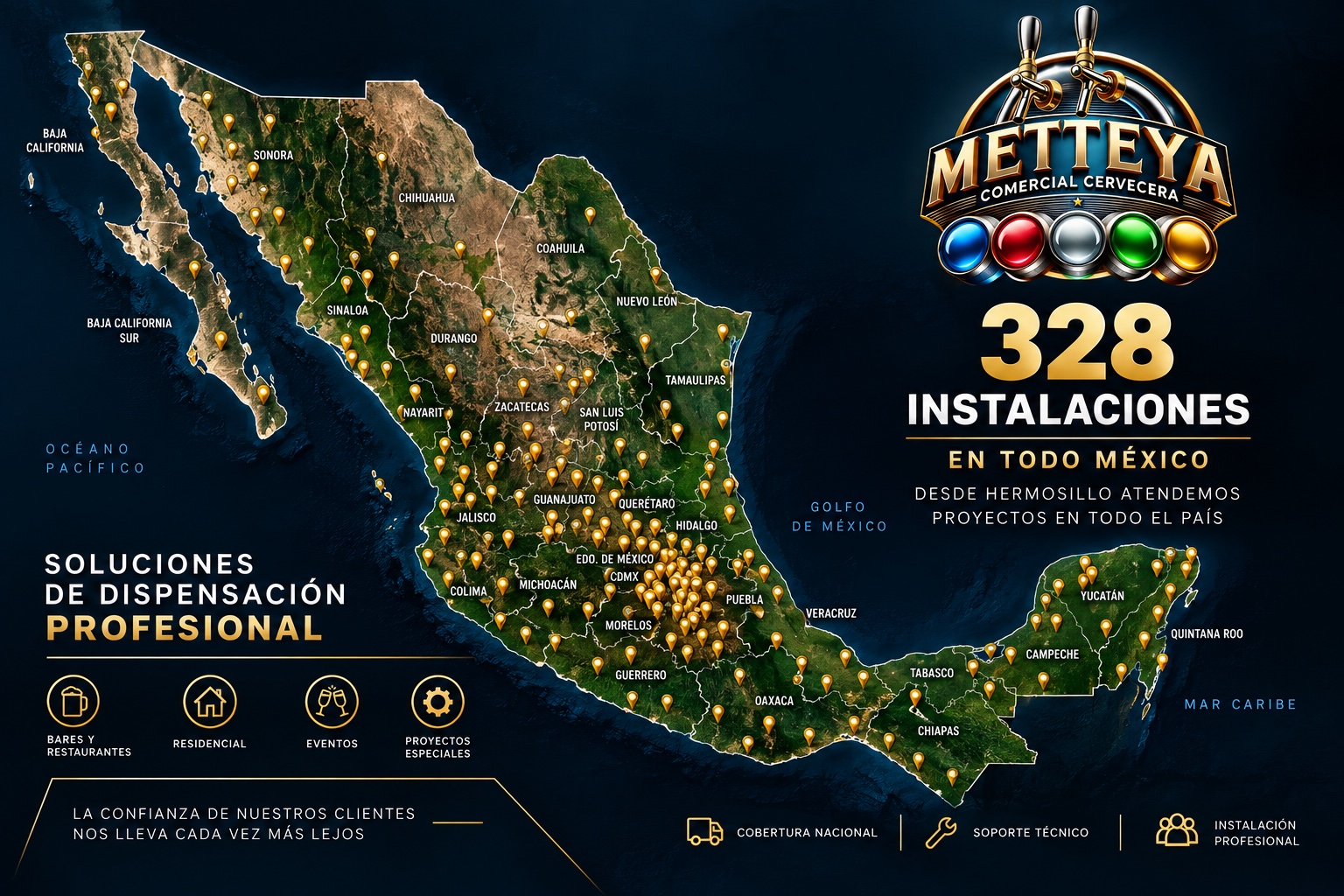 Mapa de México con 328 instalaciones Metteya y cobertura nacional